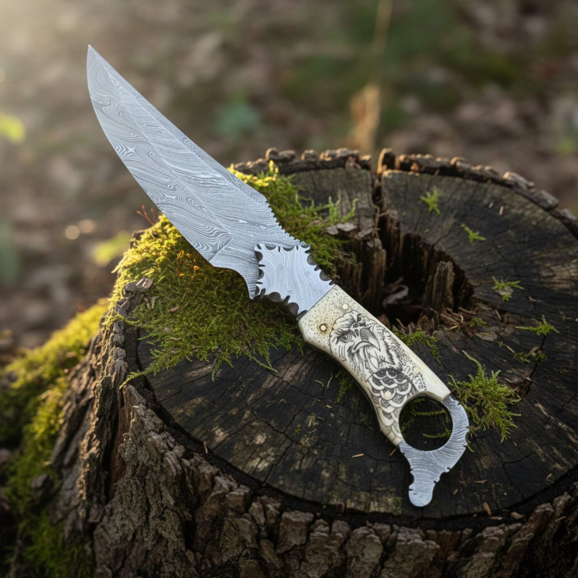 Biker Ringtail Knife Damascus Camel Bone EDC