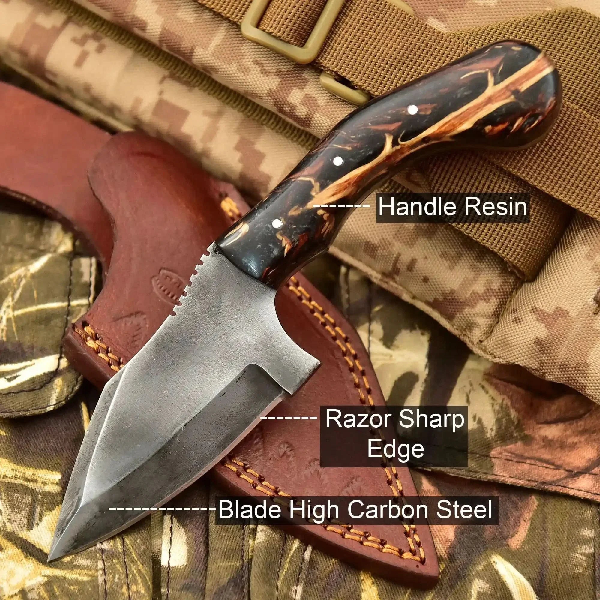 Acid Washed Stainless Steel Hunting Knife Pinecone Handle Outdoor & Camping Knife