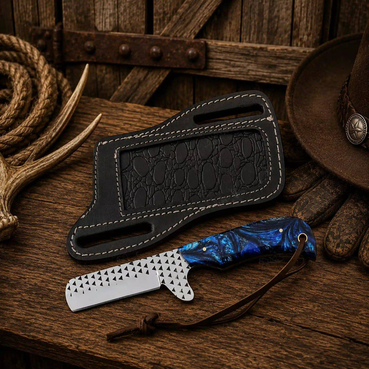 SHAM KNIVES cowboy Rasp File D2 Steel Bull Cutter Knife with blue epoxy resin handle and leather pancake sheath.