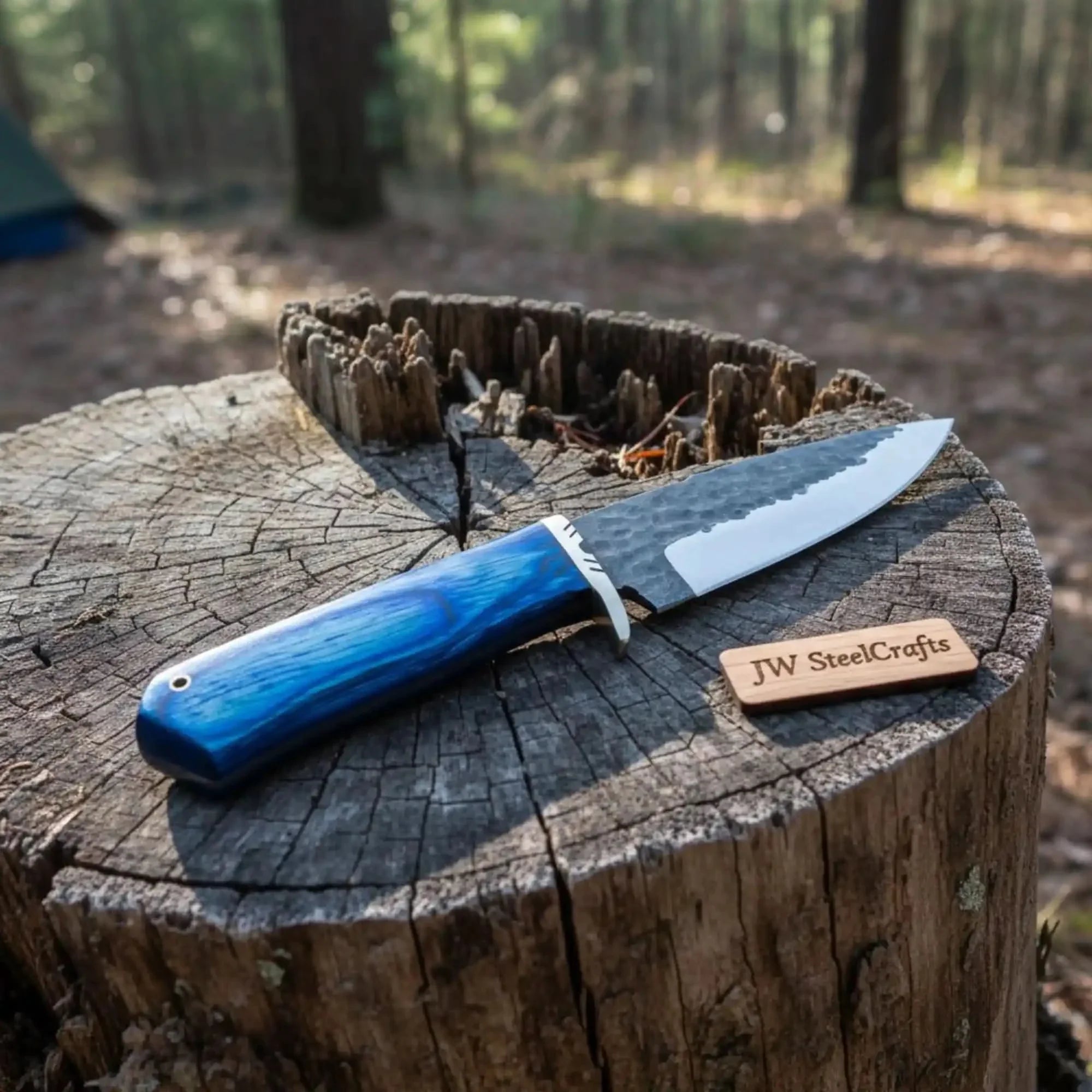 Hammered Drop Point Coldstream Skinner Hunting Knife Blue Pakka wood Handle Fixed Blade