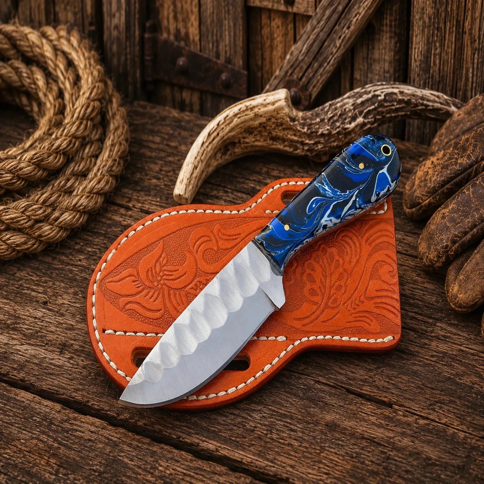 Blue Mesa Buckaroo Knife – D2 Steel Skinner & Scout Belt Sheath
