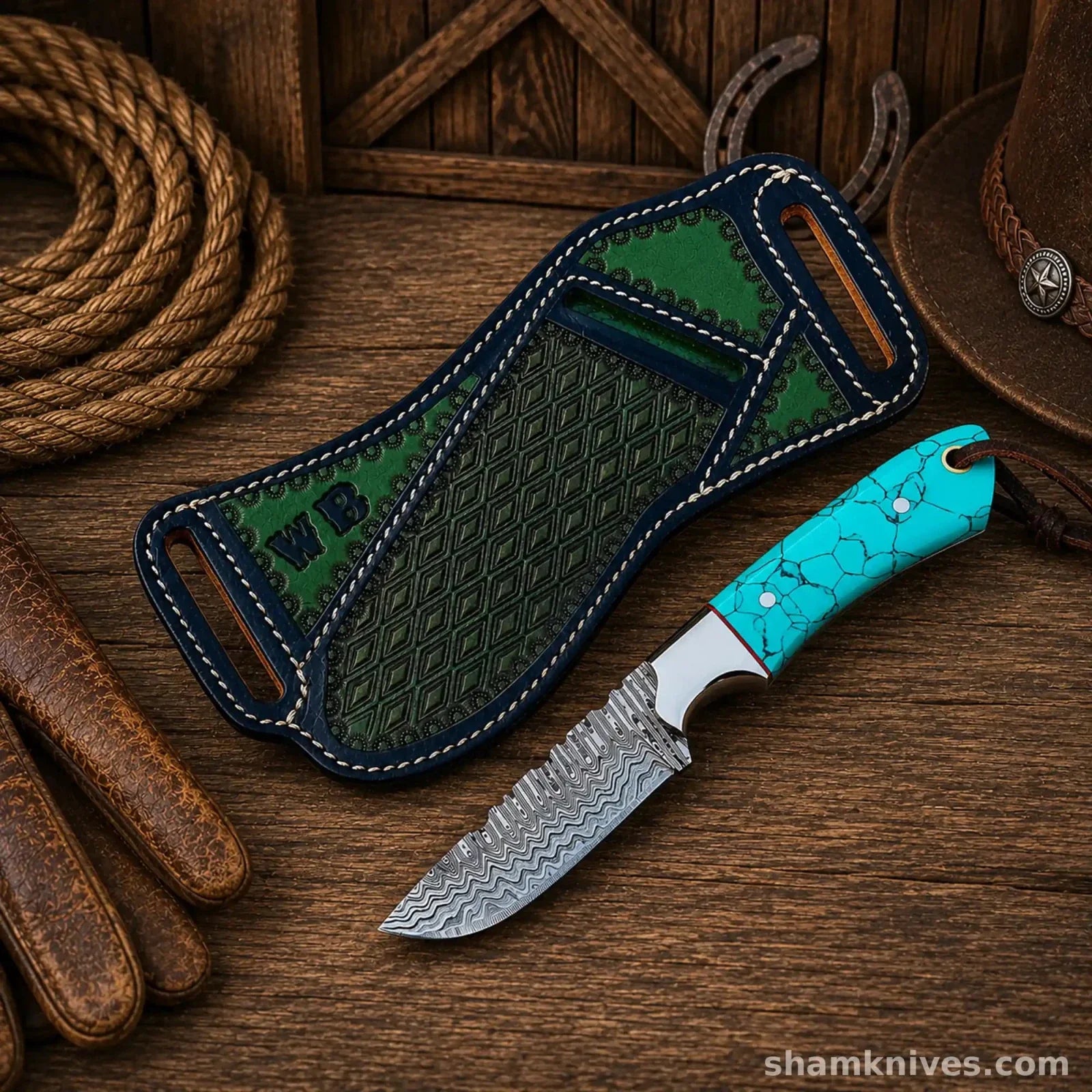 Blue Outlaw Cowboy Hunting Knife – Damascus Steel Turquoise Handle