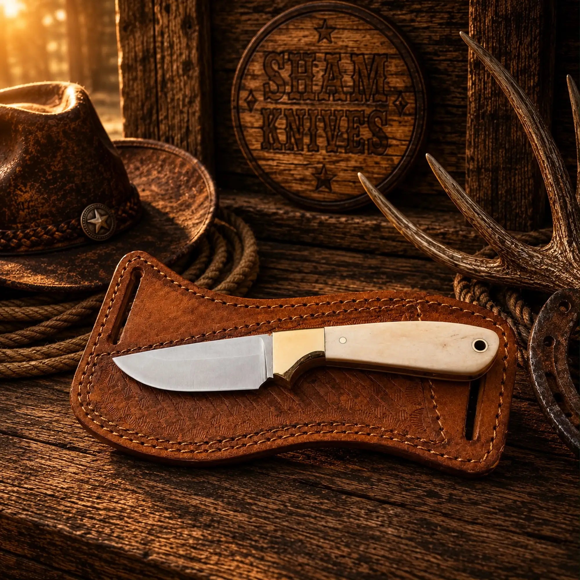 Bone Buckaroo Skinning Knife – D2 Steel & Leather Belt Sheath