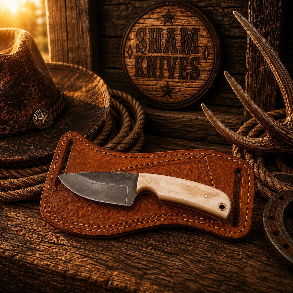 Bone Handle Buckaroo Knife – D2 Acid Wash & Horizontal Sheath