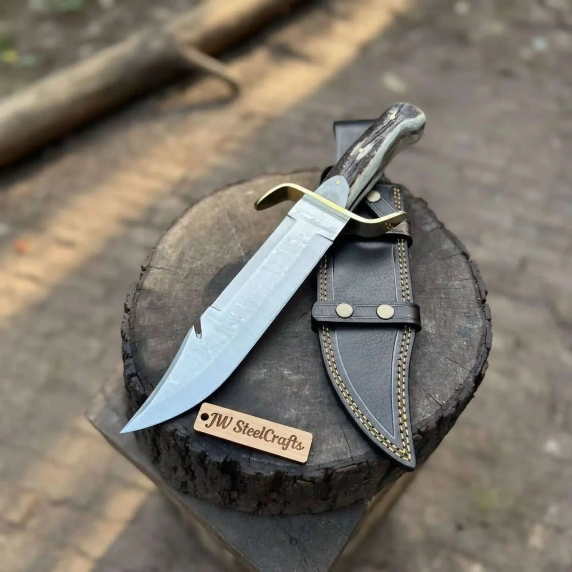 16-Inch Damascus Bowie Knife 11-Inch Blade, Stag Handle, Brass S-Guard & Leather Belt Sheath