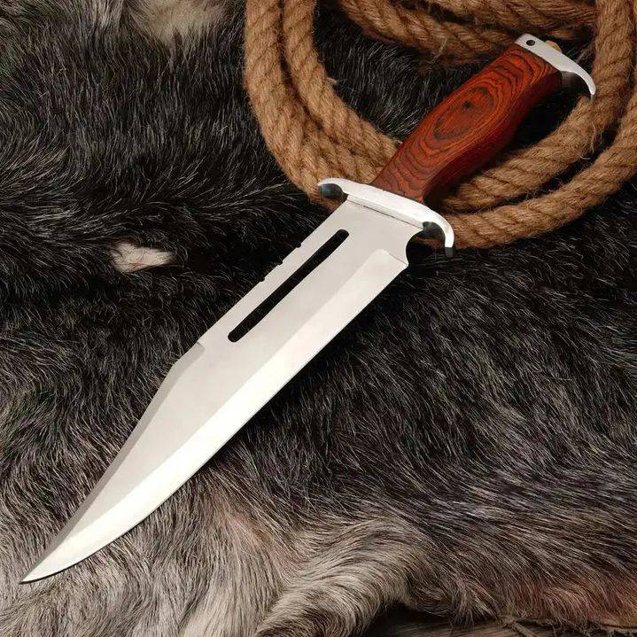 Malika Knives Rambo Bowie Knife with D2 steel blade and wooden handle, front view showcasing its collectible design