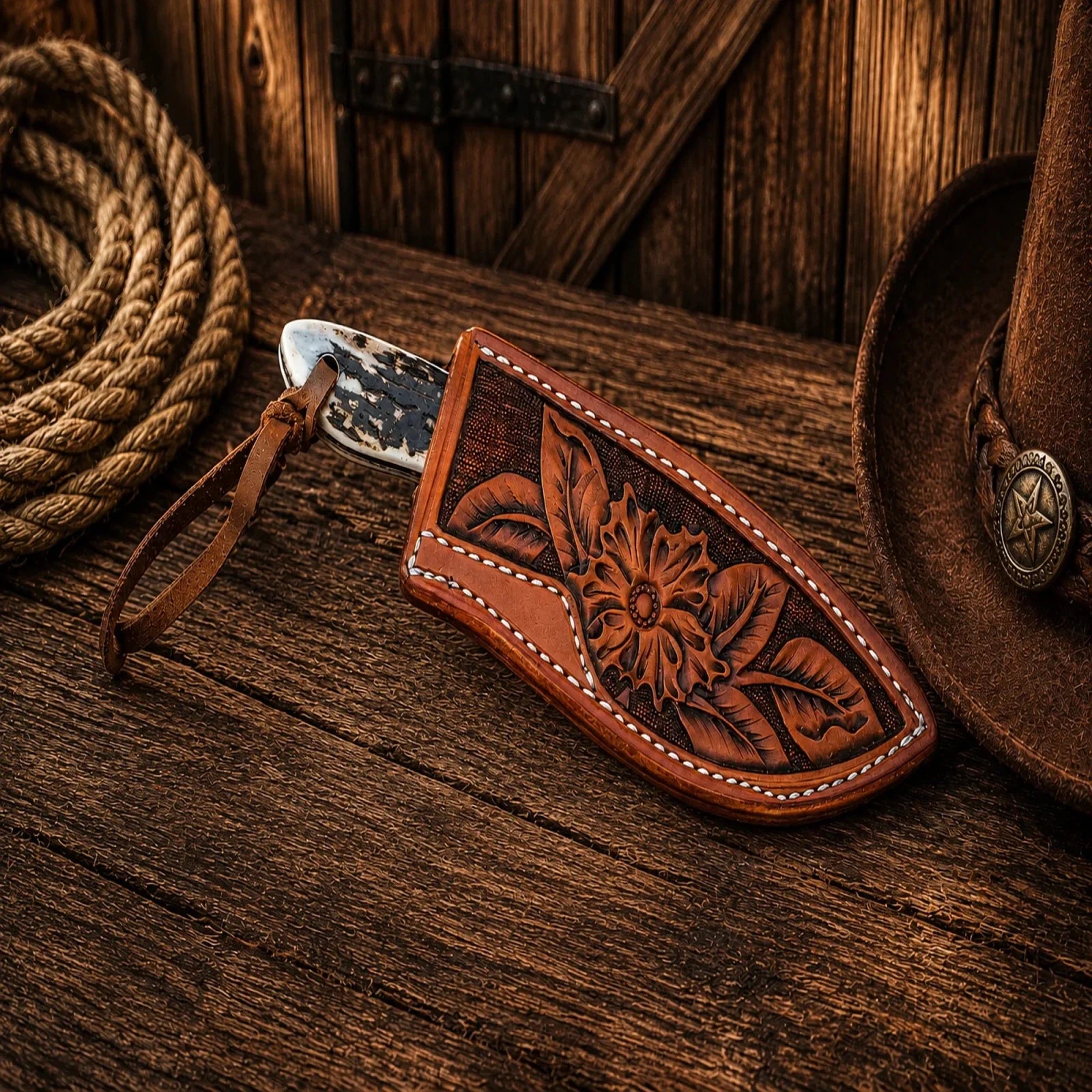 Buckaroo Cross Draw Knife – Damascus Steel with Antler Handle & Pancake Sheath