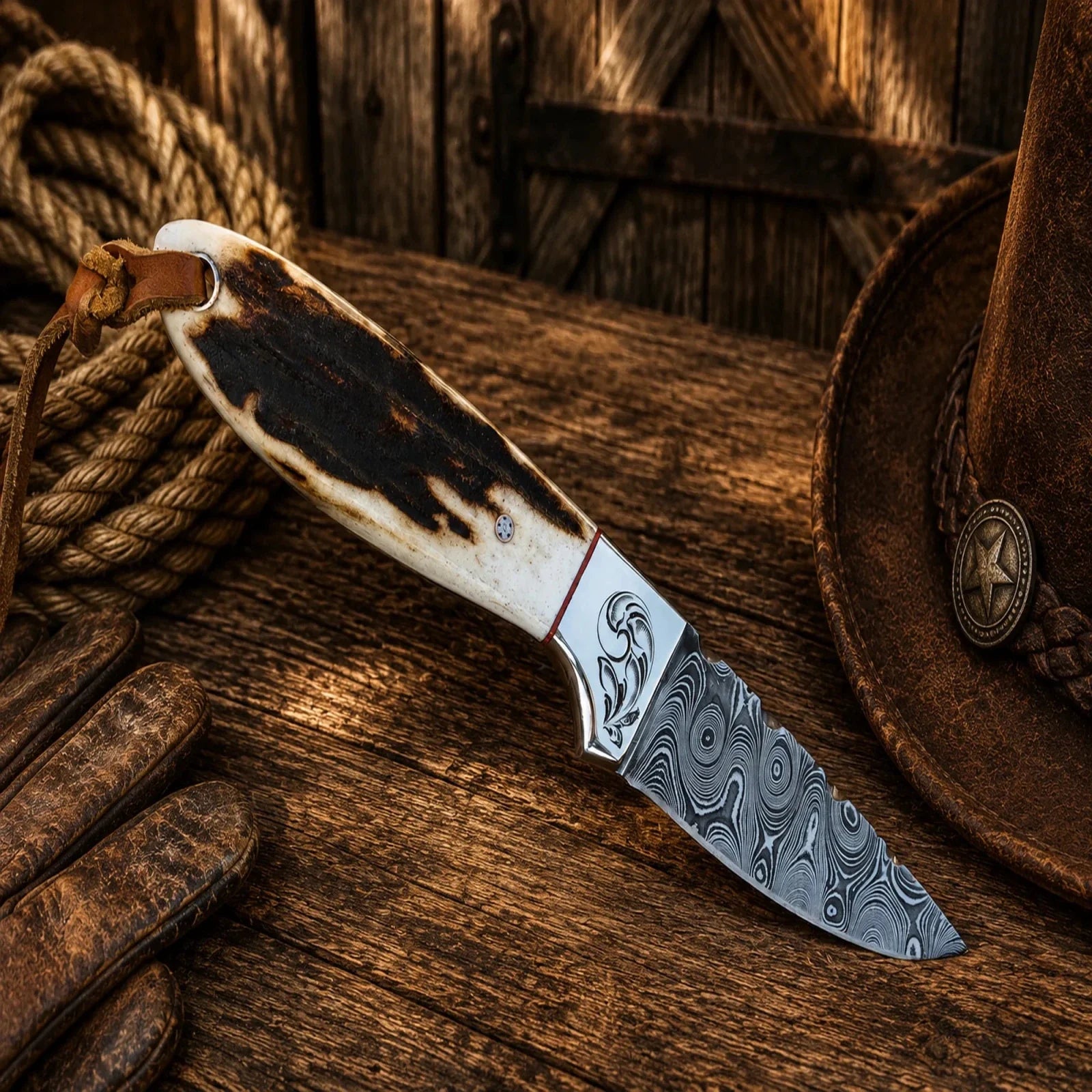 Buckaroo Cross Draw Knife – Damascus Steel with Antler Handle & Pancake Sheath