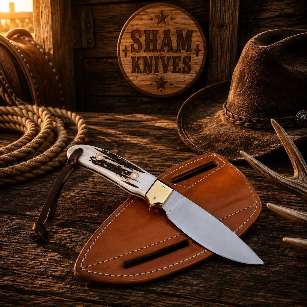 SHAM KNIVES Buckaroo Ranch Skinning Knife with 4-inch D2 steel full tang blade, antler handle, and belt sheath.