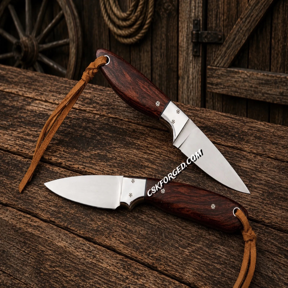 Buckaroo Sheath Knife by cskforged featuring D2 steel blade and wooden handle, designed for ranch rodeo cowboy use.