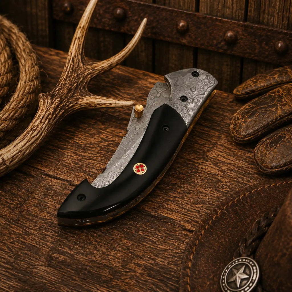 7.25" Western Folding Pocket Knife – Raindrop Damascus Blade & Buffalo Horn Handle