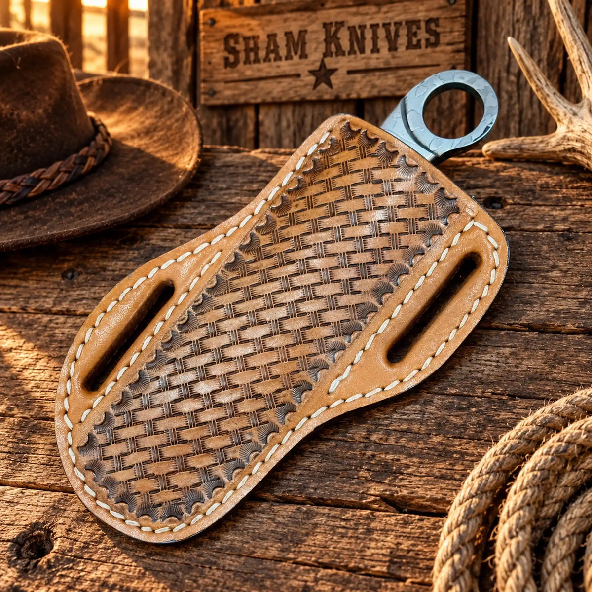 D2 Steel Engraved Ring-Tail Bull Cutter Knife with leather cross-draw sheath - SHAM KNIVES