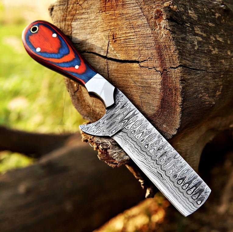 Damascus Bull Cutter Knife with VG10 steel blade and pakkawood handle, designed for ranch and outdoor use by MALIKA KNIVES.