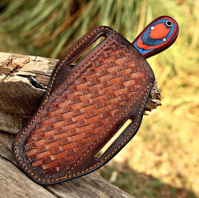 Damascus Bull Cutter Knife by MALIKA KNIVES with VG10 steel, pakkawood handle, ideal for ranch and outdoor use.