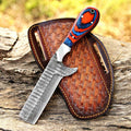 Damascus Bull Cutter Knife with VG10 steel blade and pakkawood handle, designed by MALIKA KNIVES for ranch and outdoor use.