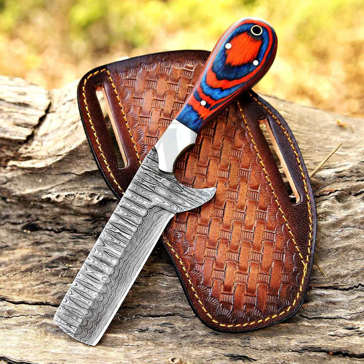 Damascus Bull Cutter Knife with VG10 steel blade and pakkawood handle, designed by MALIKA KNIVES for ranch and outdoor use.