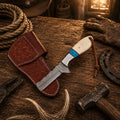 Bull Cutter Knife Damascus Steel Cowboy Ranch Knife – Bone & Turquoise Handle