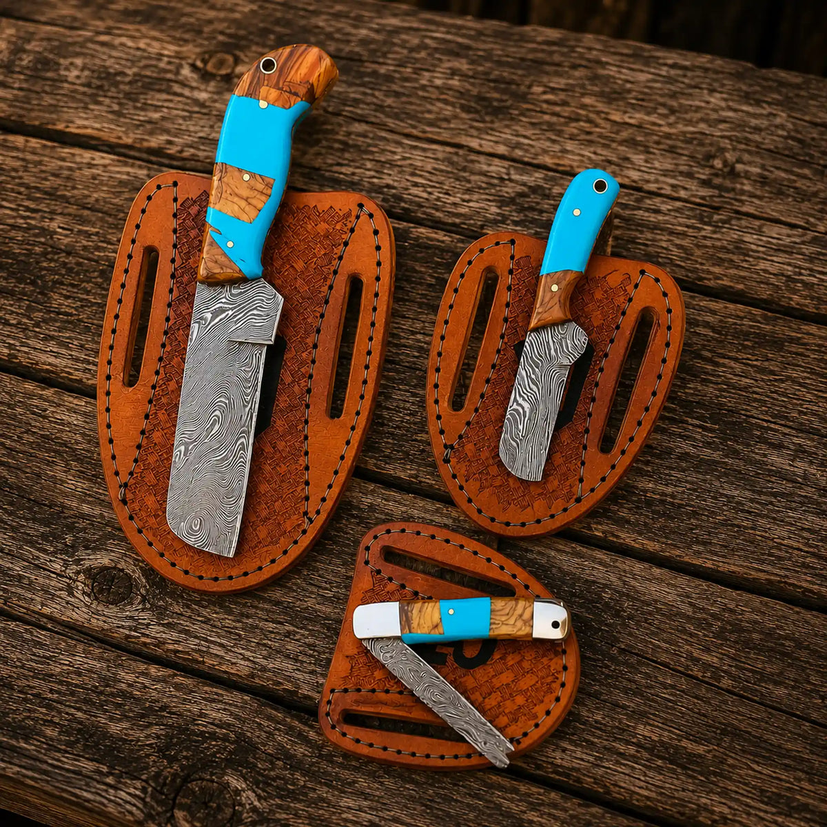 Cowboy Bull Cutter Knife Set by cskforged with Damascus steel blades and turquoise handles, ideal for outdoor and culinary use.