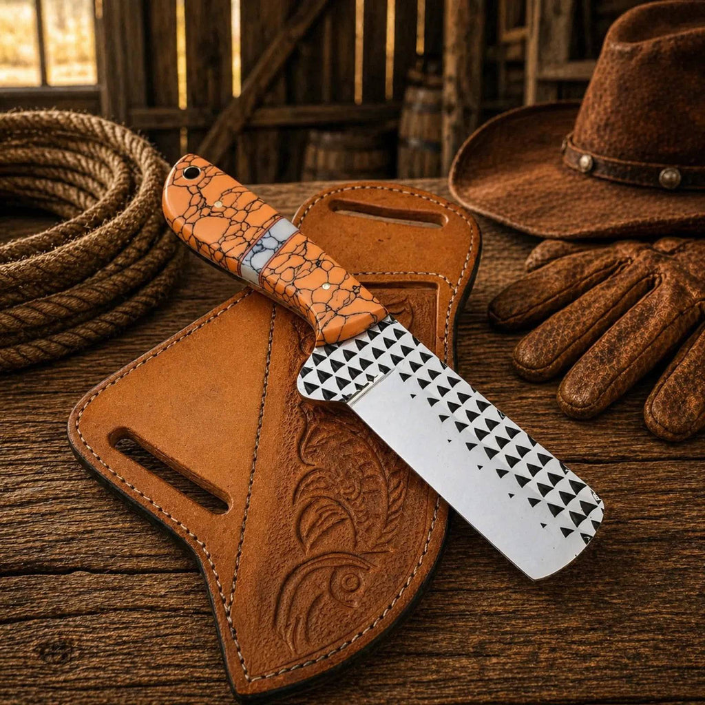 SHAM KNIVES cowboy Bullcutter knife with steel rasp blade, turquoise handle, and leather sheath, designed for rugged outdoor use.