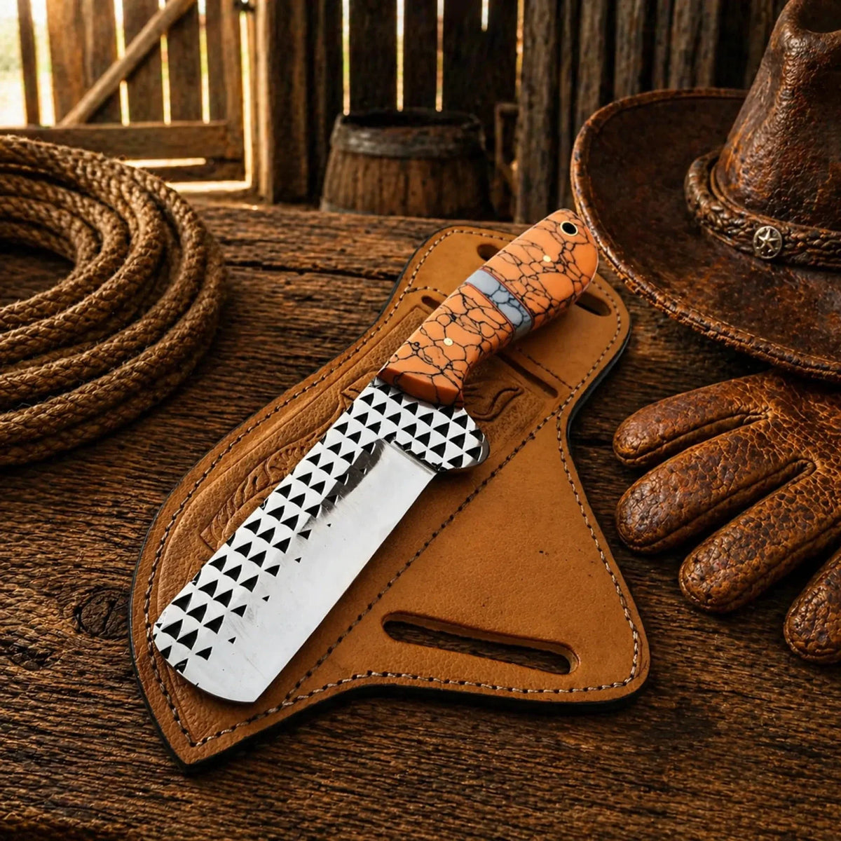 SHAM KNIVES cowboy bullcutter knife with turquoise handle, steel rasp blade, and leather accents, ideal for outdoor use.