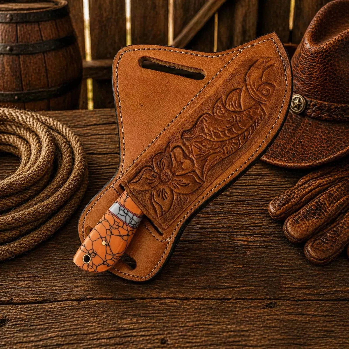 SHAM KNIVES Bullcutter cowboy knife with steel rasp blade, turquoise handle, and leather sheath, featuring a Damascus pocket design.