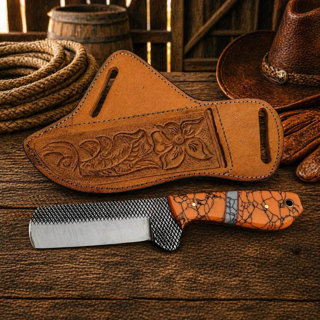SHAM KNIVES Bullcutter cowboy knife with steel rasp blade, turquoise handle, and leather sheath, ideal for outdoor use and craftsmanship.