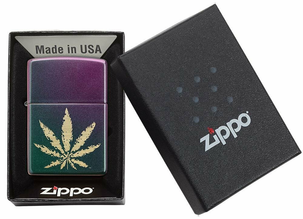 Zippo Brass Marijuana Leaf on Violet Satin, Iridescent Lighter #49185