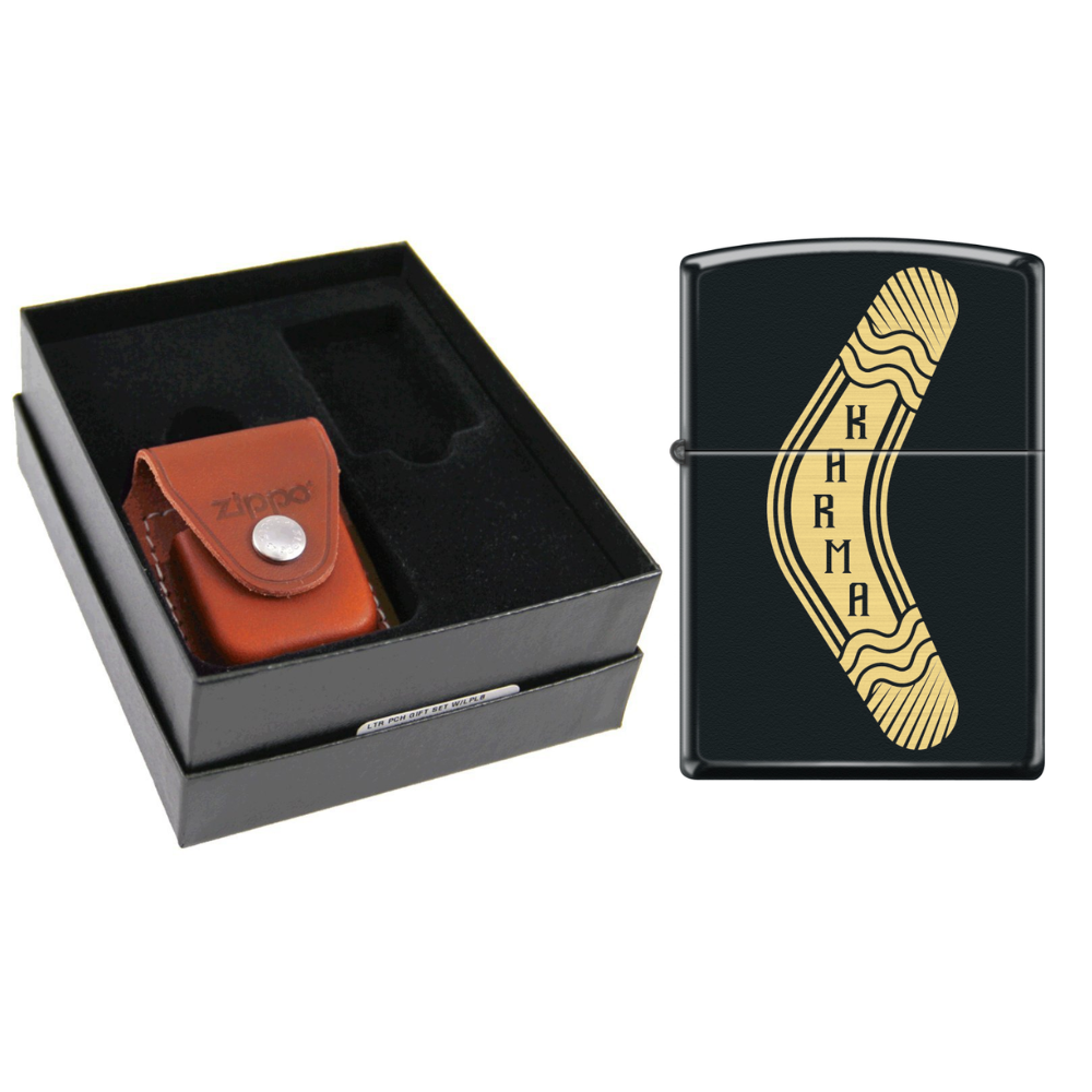 Zippo Karma Boomerang Black Matte & Leather Pouch Gift Set #LPGS-LPLB-218-095867