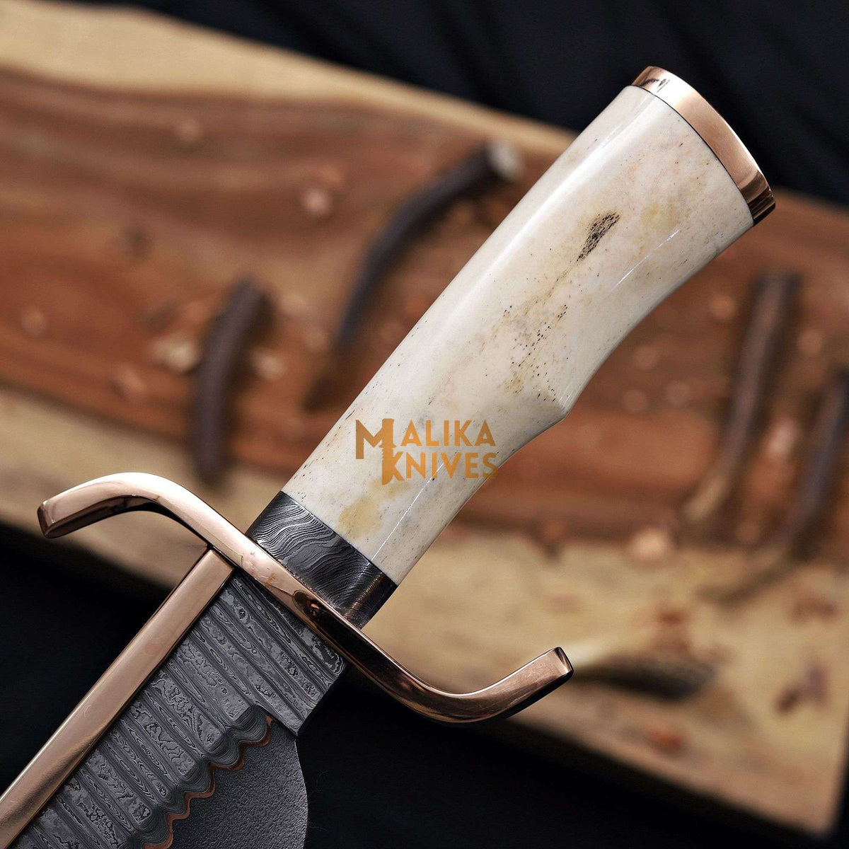 Copper Damascus Alamo Musso Bowie Knife with camel bone handle and copper guard by MALIKA KNIVES