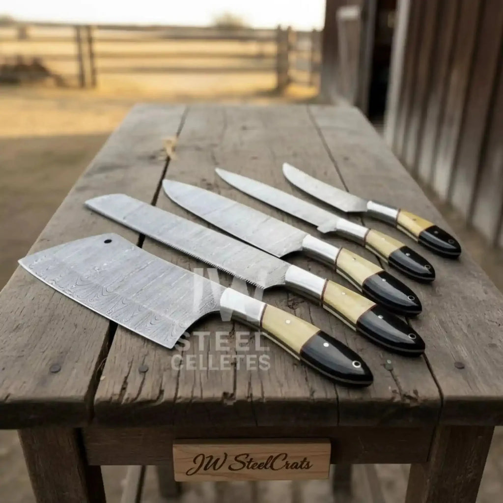 5-Piece Damascus Chef Knife Set – Camel Bone and Black Micarta Handles