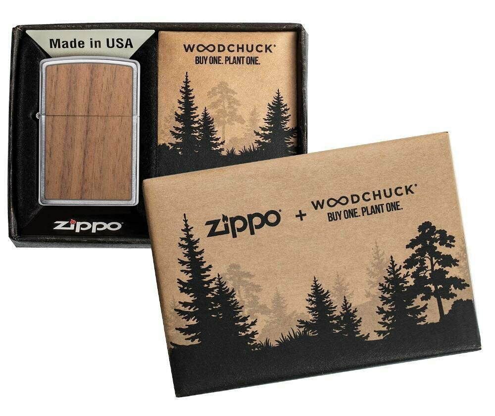Zippo WOODCHUCK USA Walnut 100% Real Wood, Brushed Chrome Lighter #49039