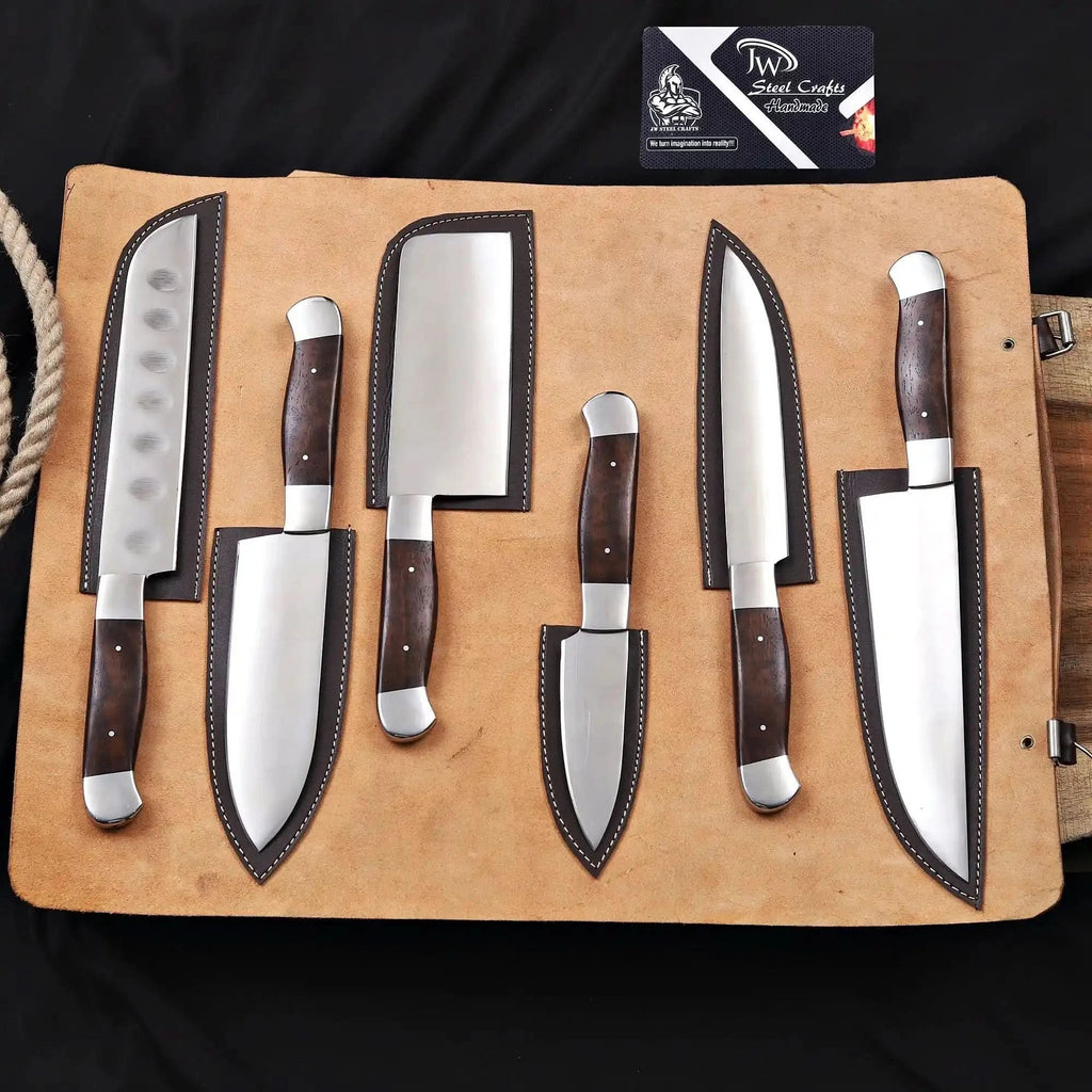 6-Piece High Carbon Steel Kitchen Knife Set with Leather Roll Olive Wood Handles, Steel Bolsters, 7 to 12 Inc