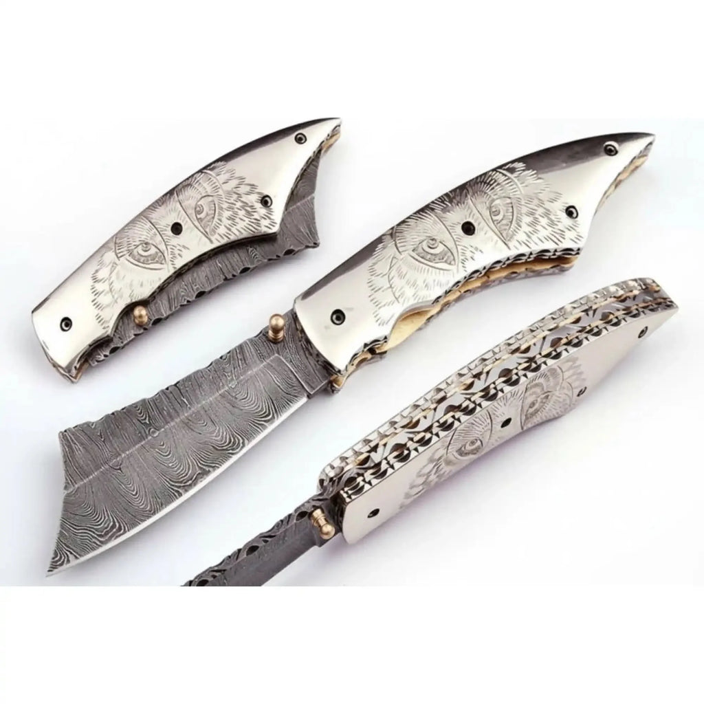 Owl Eyes Engraved Damascus Folding Knife with Handle Artwork