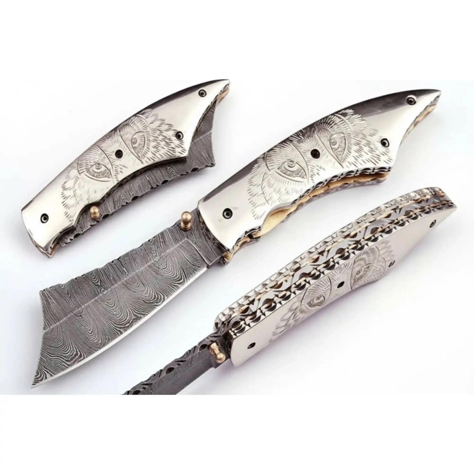 Owl Eyes Engraved Damascus Folding Knife with Handle Artwork