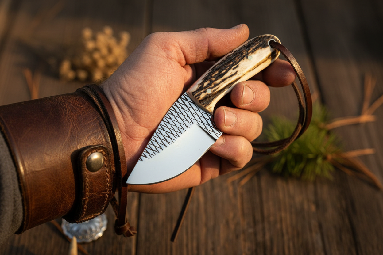 Cowboy Belt Knife – Rasp Tool Steel Blade & Antler Horn Handle with Leather Sheath | 5.2"