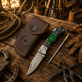Compact Cowboy Working Damascus Folding Pocket Knife – Green Pakka Wood Back Lock EDC Knife