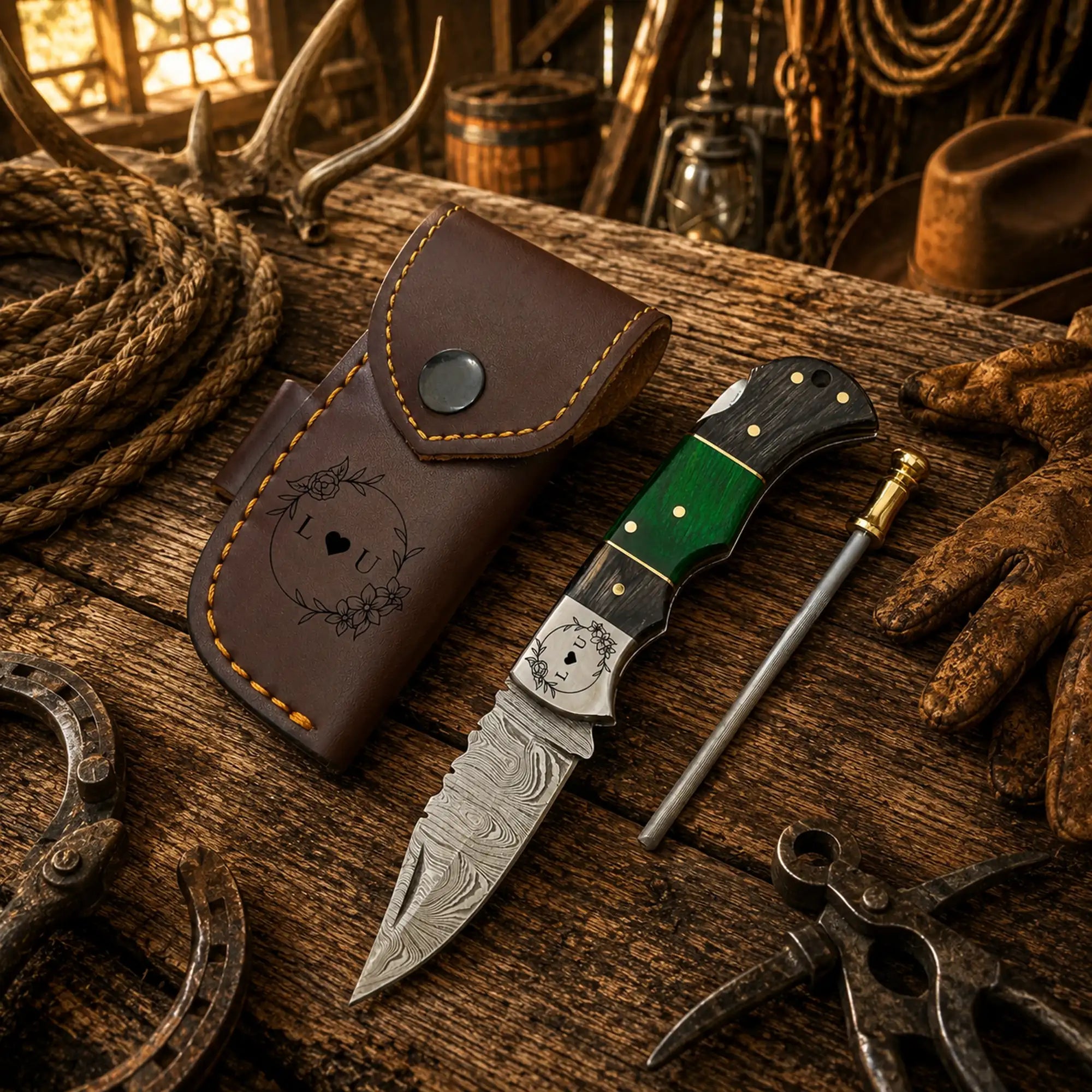 Compact Cowboy Working Damascus Folding Pocket Knife – Green Pakka Wood Back Lock EDC Knife