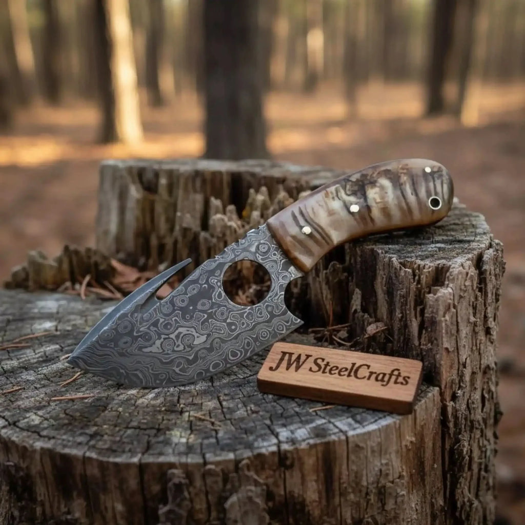 Damascus Gut hook Skinner Knife Raindrop pattern | two handle options