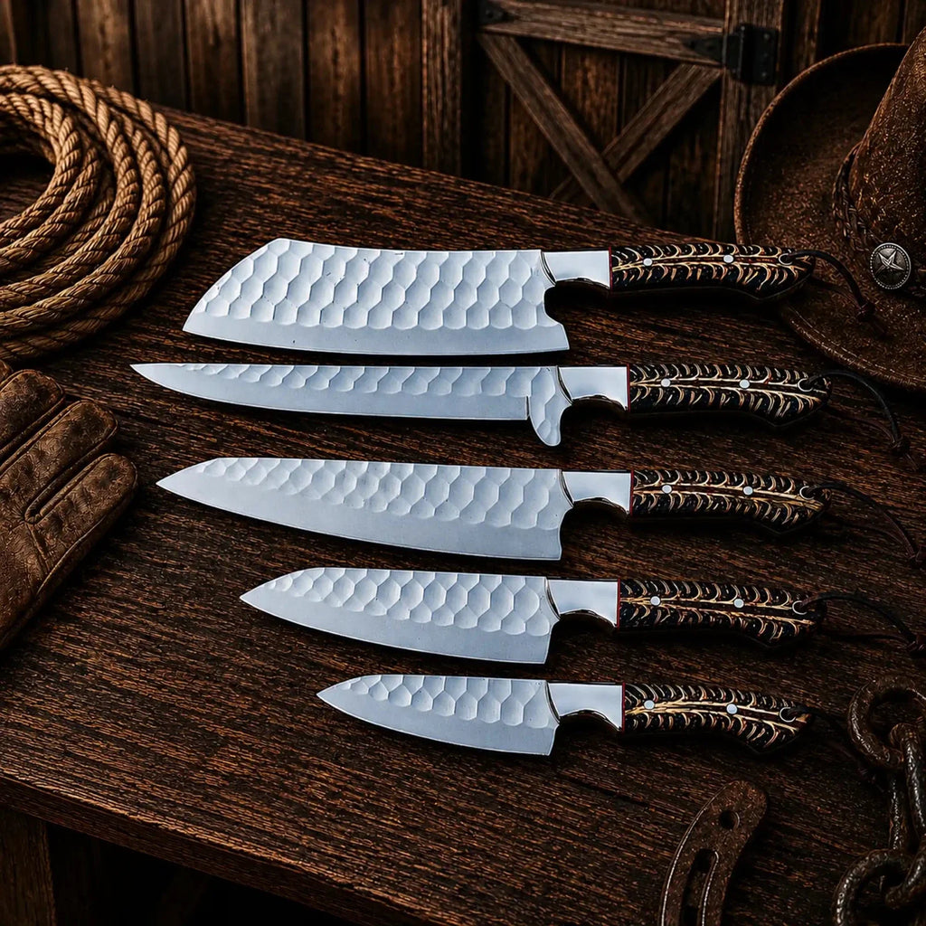 Cone Back Handles D2 Steel Chef Knife Set with Leather Roll Kit