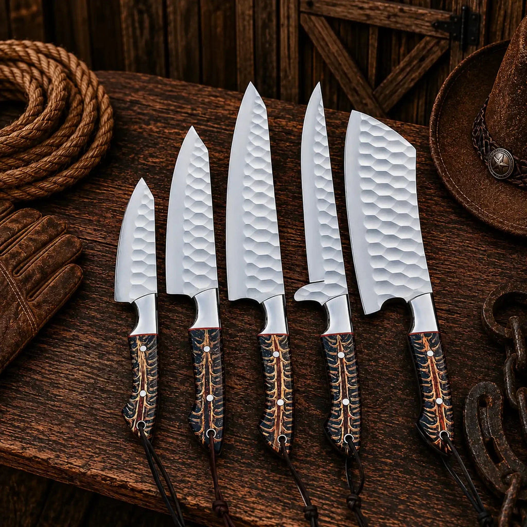 Cone Back Handles D2 Steel Chef Knife Set with Leather Roll Kit