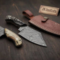 6-Inch Forged Damascus Skinning Knife — Ram Horn Handle, Full Tang & Leather Sheath | JW Steel Crafts