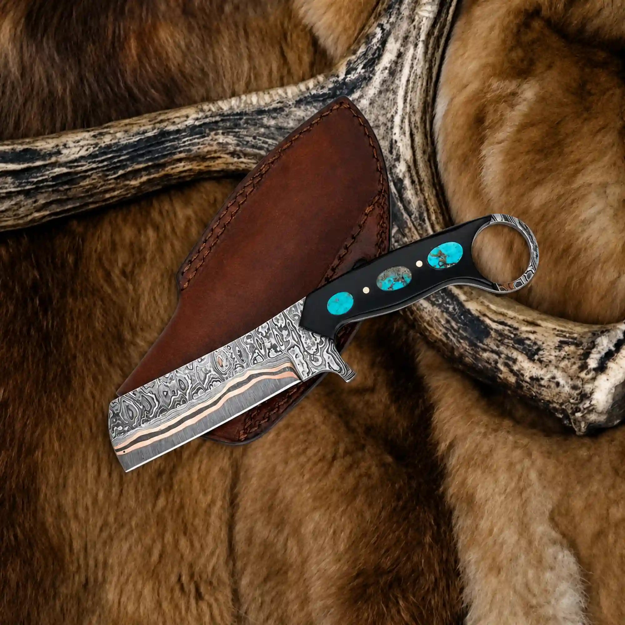 Bull Cutter Knife | Copper Damascus with Turquoise and Ring Pommel