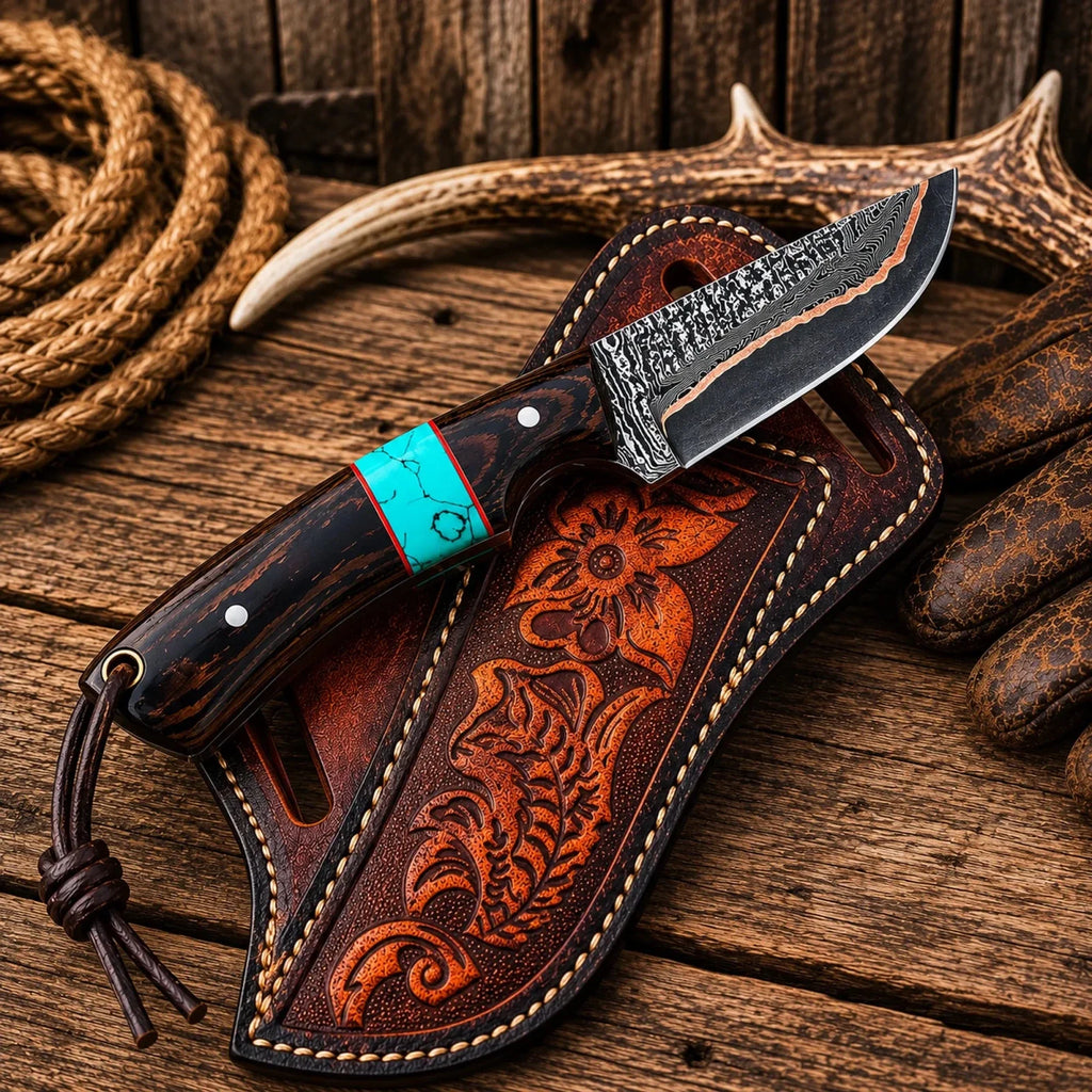 Copper Damascus Cross Draw Knife – Wenge Wood & Turquoise Inlay Handle