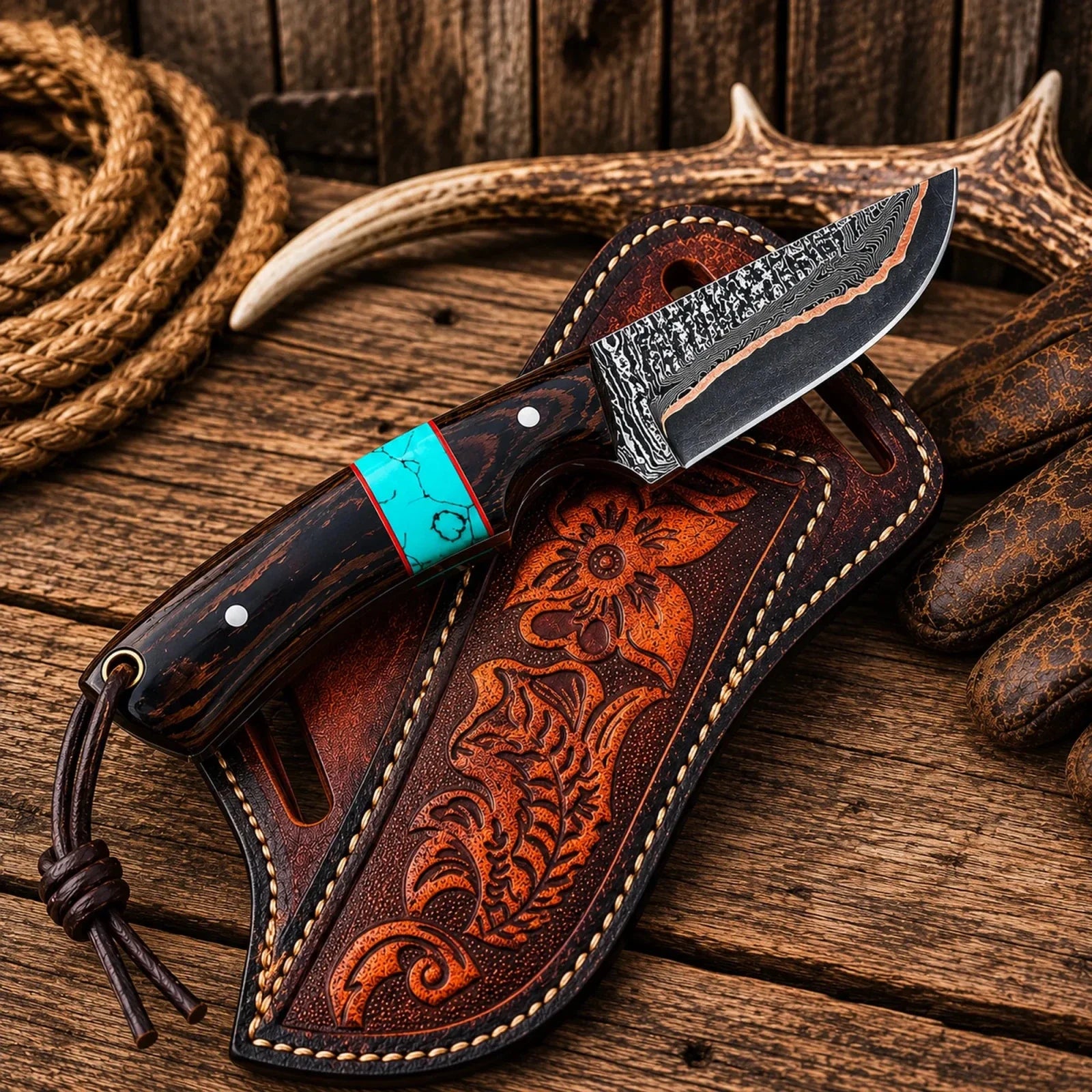 Copper Damascus Cross Draw Knife – Wenge Wood & Turquoise Inlay Handle