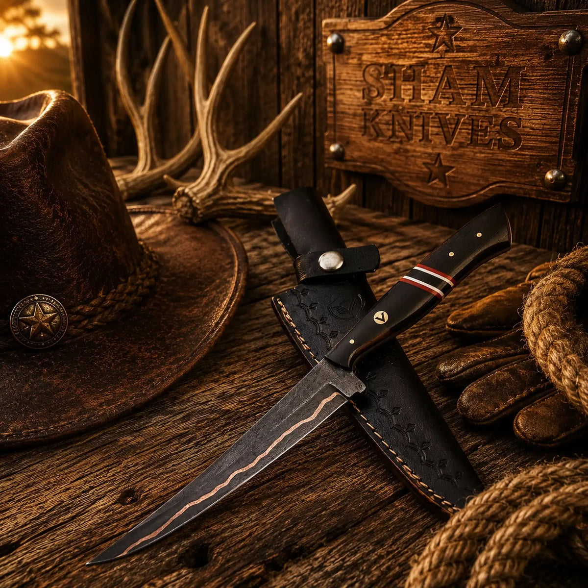 Handcrafted Copper Damascus fillet knife with Wenge wood handle - SHAM KNIVES
