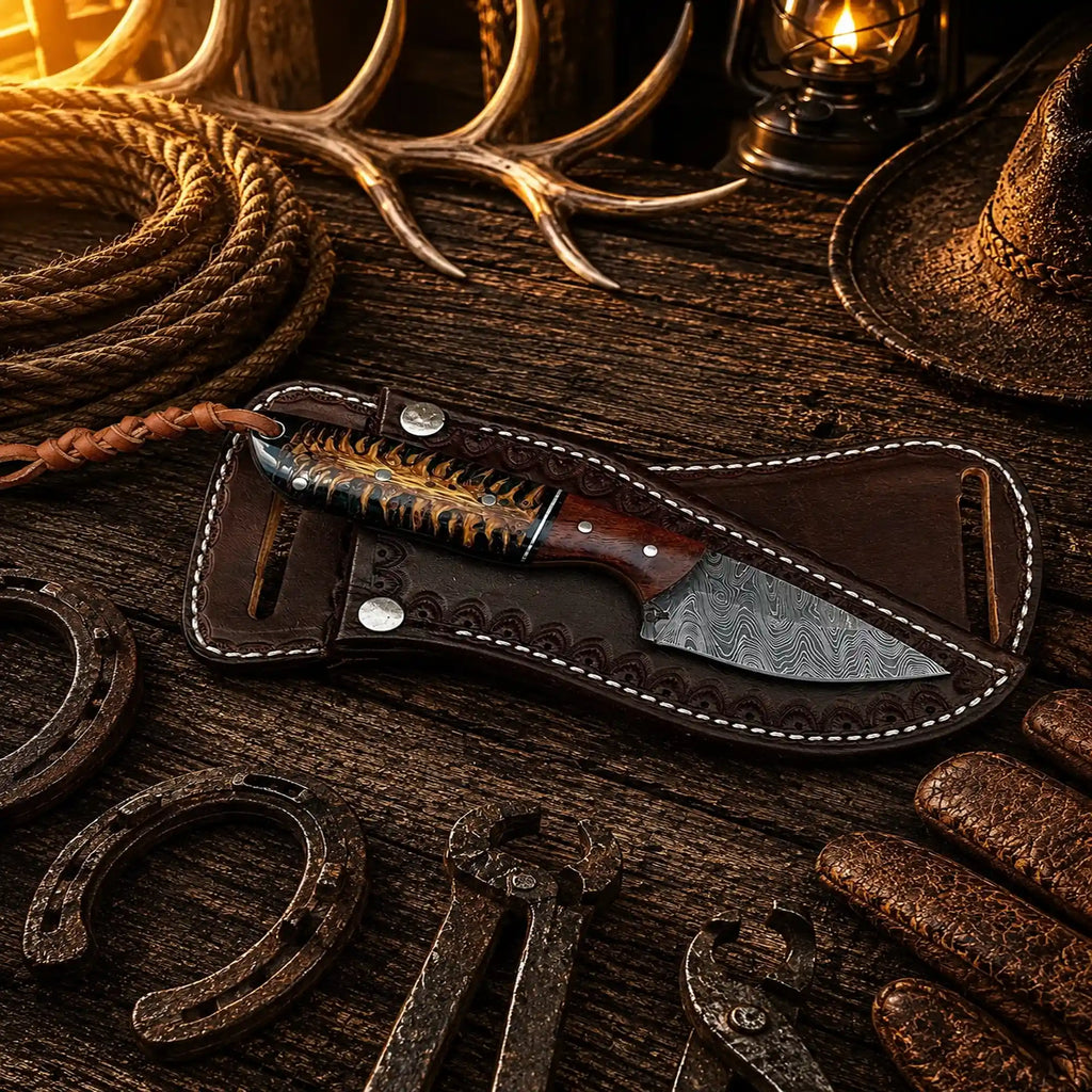 Damascus steel County Rodeo Carry Cowboy Knife with pine cone handle by SHAM KNIVES, featuring a sleek, durable design.