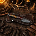 Damascus steel County Rodeo Carry Cowboy Knife with pine cone handle by SHAM KNIVES, featuring a sleek, durable design.