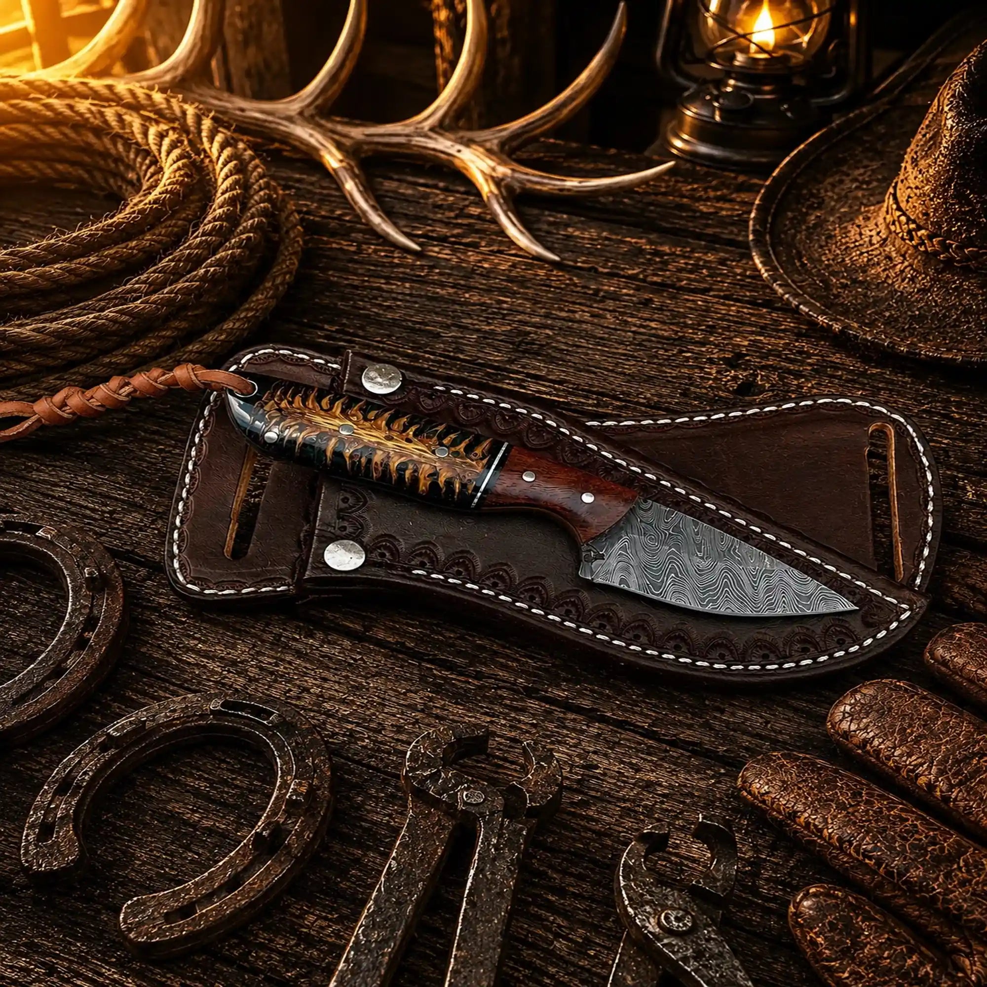 County Rodeo Carry Knife – Damascus Steel Pine Cone Belt Knife