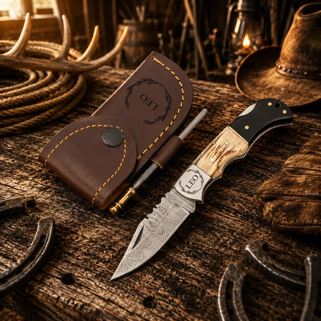 SHAM KNIVES Cowboy Belt Carry Damascus pocket knife with antler and black resin handle, back lock EDC folding knife.