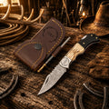 SHAM KNIVES Cowboy Belt Carry Damascus pocket knife with antler and black resin handle, back lock EDC folding knife.